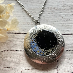 Night Sky Forget Me Not Locket Necklace image 1