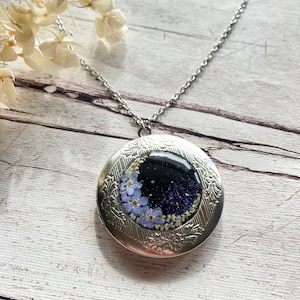 Night Sky Forget Me Not Locket Necklace With galaxy glitter