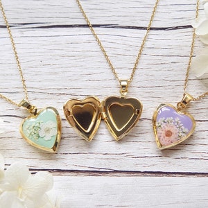 TINY Locket Necklace, Photo Heart Pendant, Pastel Flower Heart Locket, Gold Heart Photo Locket, Locket With Photo Inside, Pastel Jewellery image 2