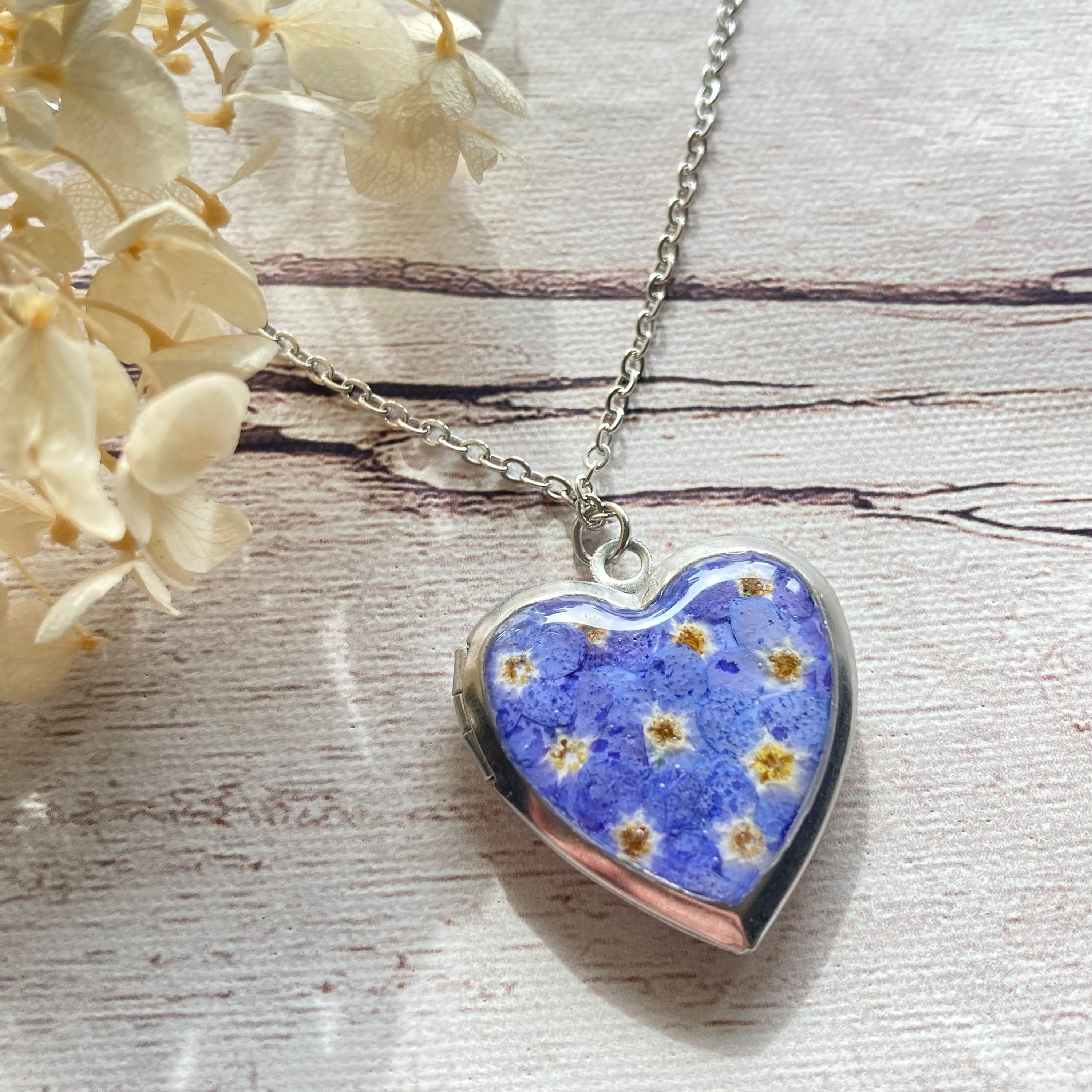 Heart Locket Necklace, Photo Heart Pendant, Dried Pressed