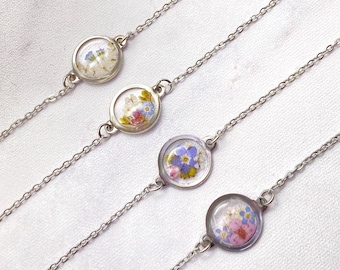 Dainty Stainless Steel Flower Bracelet With Real Pressed Forget Me Nots and Wildflowers