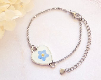 Real Pressed Flower Bracelet, Forget Me Not Bracelet, Heart Forget Me Not Bracelet, Blue Flower Bracelet