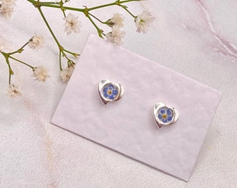Tiny Forget Me Not Heart Stud Earrings, Stainless Steel