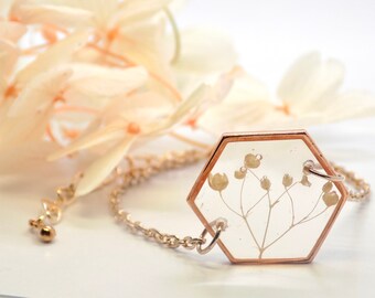 Real Flower Hexagon Bracelet, Rose Gold Resin Flower Bracelet, Dainty Womens Bracelet, Rose Gold Hexagon Flower Chain Bracelet