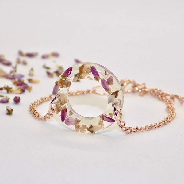 Real Flower Bracelet, Bracelet with Heather and Golden Flakes, Circle Resin Bracelet, Geometric Bracelet, Rose Gold Bracelet