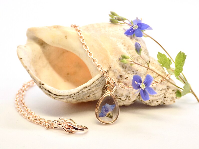 Puede incluir: Un delicado collar de oro con un colgante en forma de l&aacute;grima que presenta una flor azul prensada. El collar se muestra en una concha de mar con flores azules.