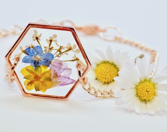 Pressed Flower Bracelet, Hexagon Flower Bracelet, Hexagon Bracelet, Colourful Flowers Bracelet, Rose Gold Bracelet,