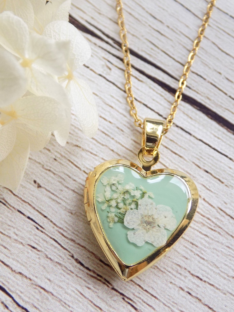 TINY Locket Necklace, Photo Heart Pendant, Pastel Flower Heart Locket, Gold Heart Photo Locket, Locket With Photo Inside, Pastel Jewellery image 4