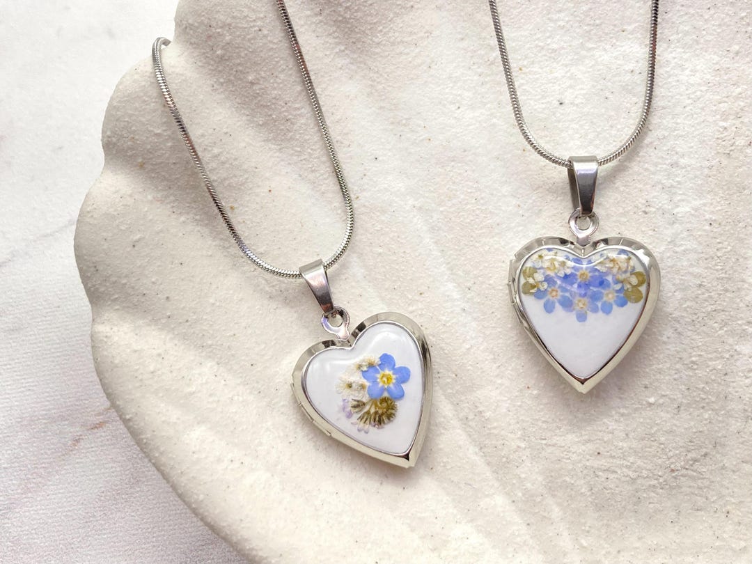 TINY Silver Heart Openable Locket Necklace With Real Forget Me Nots - Etsy