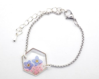 Real Forget Me Not Hexagon Bracelet With Pink Flowers, Stainless Steel Hexagon Flower Bracelet, Pressed Forget Me Not Flower Jewellery