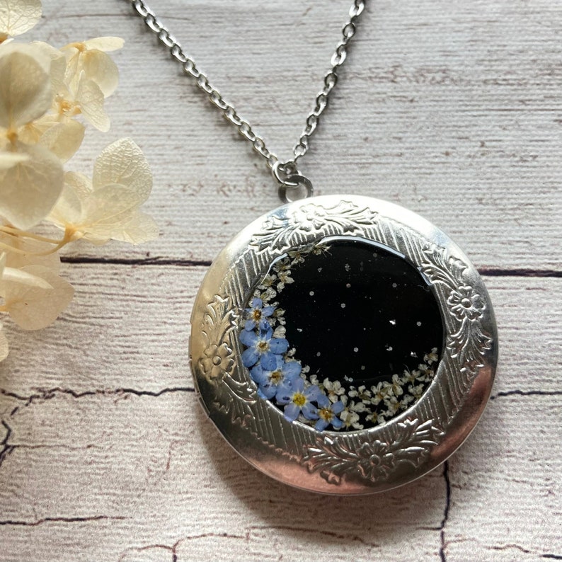 Night Sky Forget Me Not Locket Necklace image 1