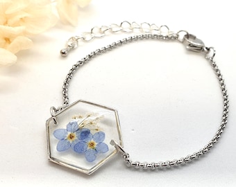 Real Forget Me Not Hexagon Bracelet With White Flowers, Stainless Steel Hexagon Flower Bracelet, Pressed Forget Me Not Flower Jewellery