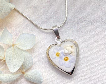 Silver Pearl and Forget Me Nots Openable Photo Locket