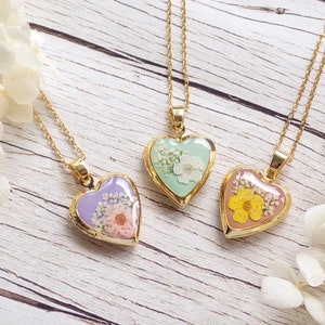 TINY Locket Necklace, Photo Heart Pendant, Pastel Flower Heart Locket, Gold Heart Photo Locket, Locket With Photo Inside, Pastel Jewellery image 1