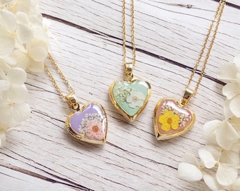 TINY Locket Necklace, Photo Heart Pendant, Pastel Flower Heart Locket, Gold Heart Photo Locket, Locket With Photo Inside, Pastel Jewellery