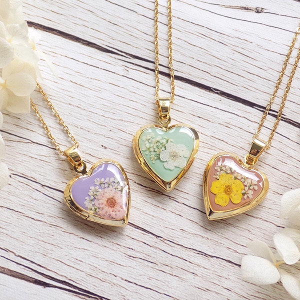 TINY Locket Necklace, Photo Heart Pendant, Pastel Flower Heart Locket, Gold Heart Photo Locket, Locket With Photo Inside, Pastel Jewellery