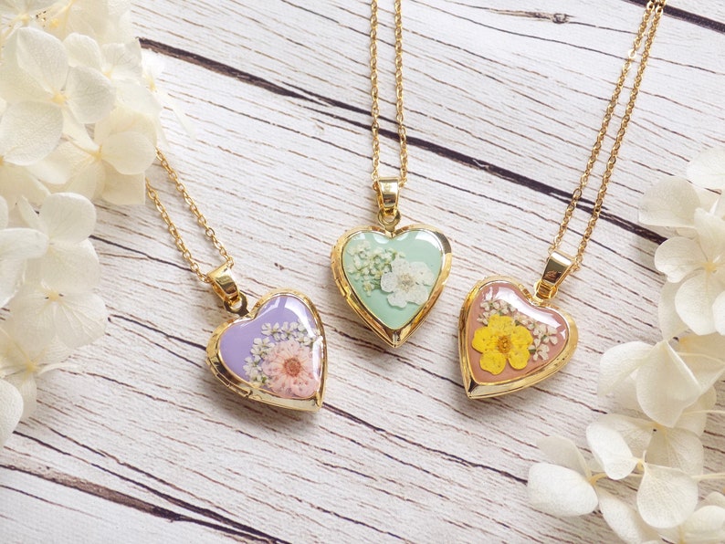 TINY Locket Necklace, Photo Heart Pendant, Pastel Flower Heart Locket, Gold Heart Photo Locket, Locket With Photo Inside, Pastel Jewellery image 1