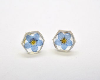 Forget Me Not Stud Earrings, Forget Me Not Studs, Real Flower Stud Earring, Hexagon Stud Earrings, Resin Flower Stud Earrings