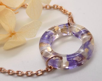 Real Flower Bracelet, Bracelet with Pearls and Golden Flakes, Floral Circle Resin Bracelet, Geometric Bracelet, Rose Gold Bracelet