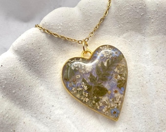 Pressed Flower Large Gold Heart Necklace With Ferns and Forget Me Nots