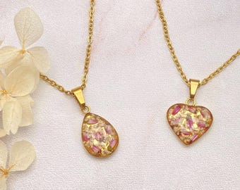 Real Flower Resin Necklace: Gold Leaf Teardrop or Heart Pendant