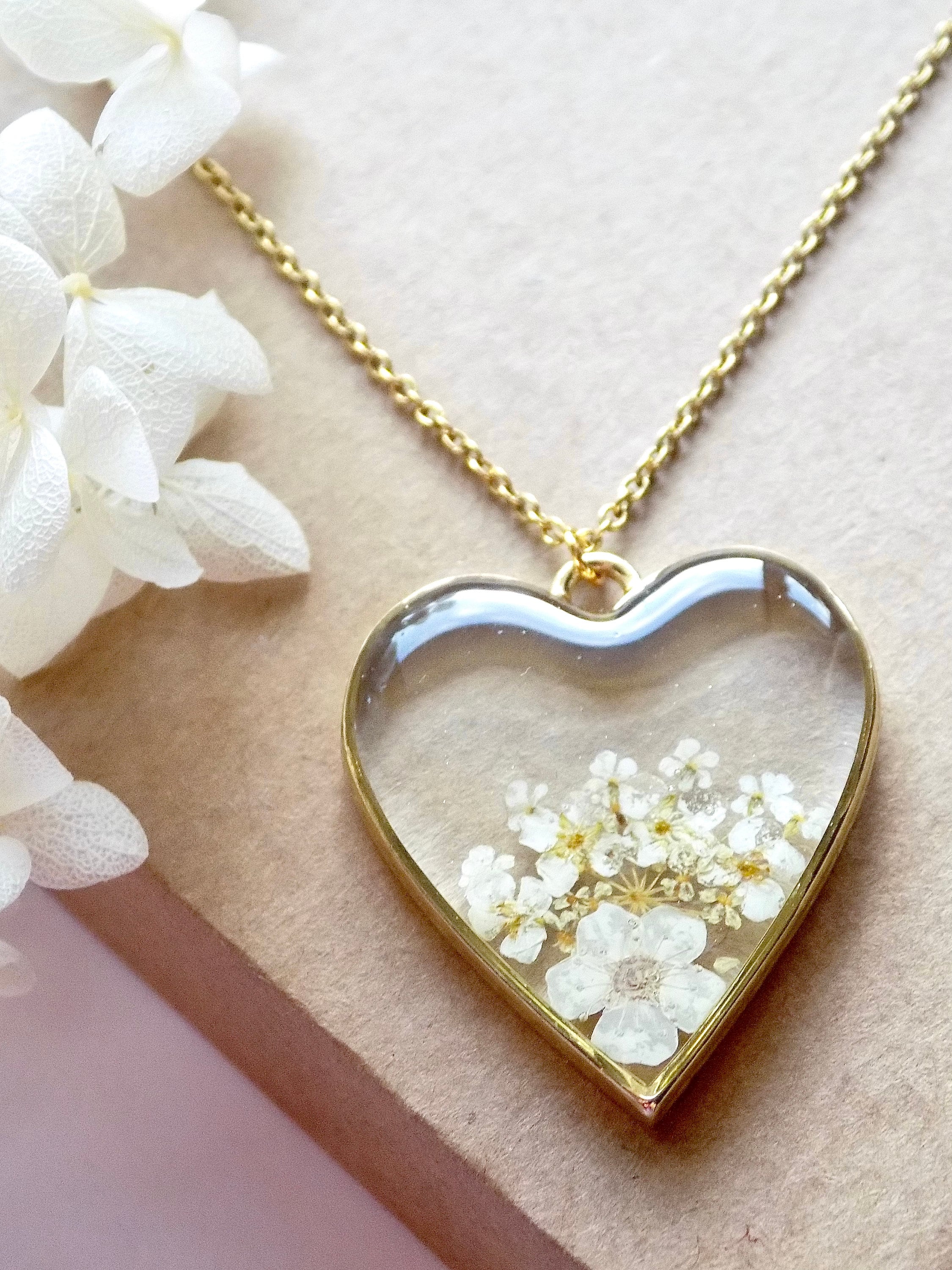 Real Flower Necklace, Flower Heart Pendant, Pressed Flower