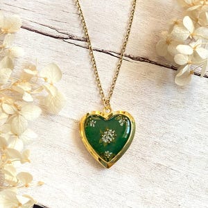 Dark Green Heart Locket Made With Real Pressed Flowers