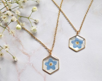 Gold Forget Me Not Necklace, Hexagon Flower Pendant, Micro Jewellery, Golden Hexagon Necklace, Dried Flower Pendant, Resin Flower Necklace