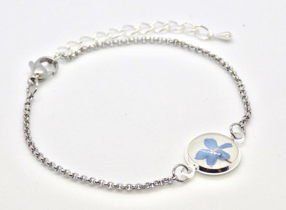 Forget me not Bracelet Blue Flowers Chain Bracelet Real Pressed Flower Resin Forget me not Turquoise Bracelet for teen Friendship jewelry
