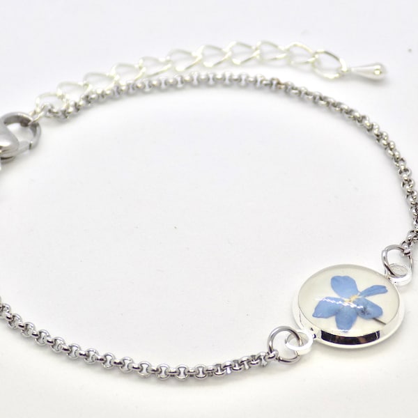 Echte gepresste Blume Armband, Vergissmeinnicht Armband, Silber Vergissmeinnicht Armband, blaue Blume Armband, Vergissmeinnicht Charme Armband