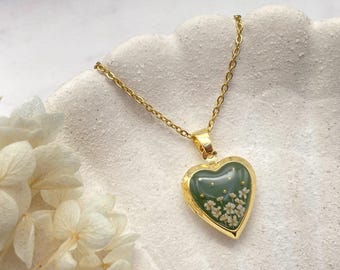 TINY Green and Gold Meadow Locket with Real Pressed Flowers