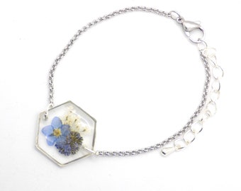 Real Forget Me Not Hexagon Bracelet With White Flowers, Stainless Steel Hexagon Flower Bracelet, Pressed Forget Me Not Flower Jewellery