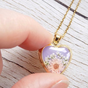 TINY Locket Necklace, Photo Heart Pendant, Pastel Flower Heart Locket, Gold Heart Photo Locket, Locket With Photo Inside, Pastel Jewellery image 6