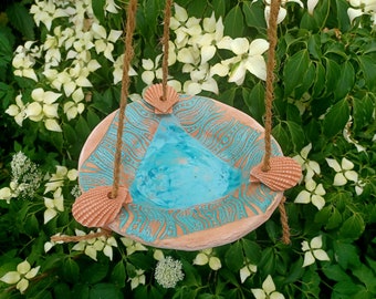 Bebedouro para pássaros, resistente à geada, para pendurar, turquesa, 21 cm, cerâmica