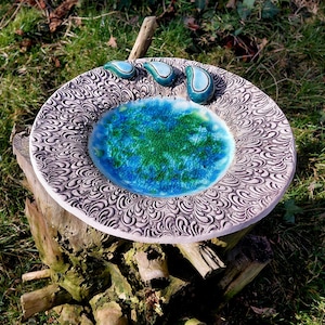 Baño/cuenco para pájaros grande de 31 cm con esmaltado de cristal, cerámica