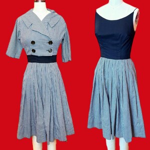 Vintage 1950s Black and White Gingham Two Piece Dress Set Spaghetti Strap Sundress & Double Breasted Crop Jacket 50s Mid Century