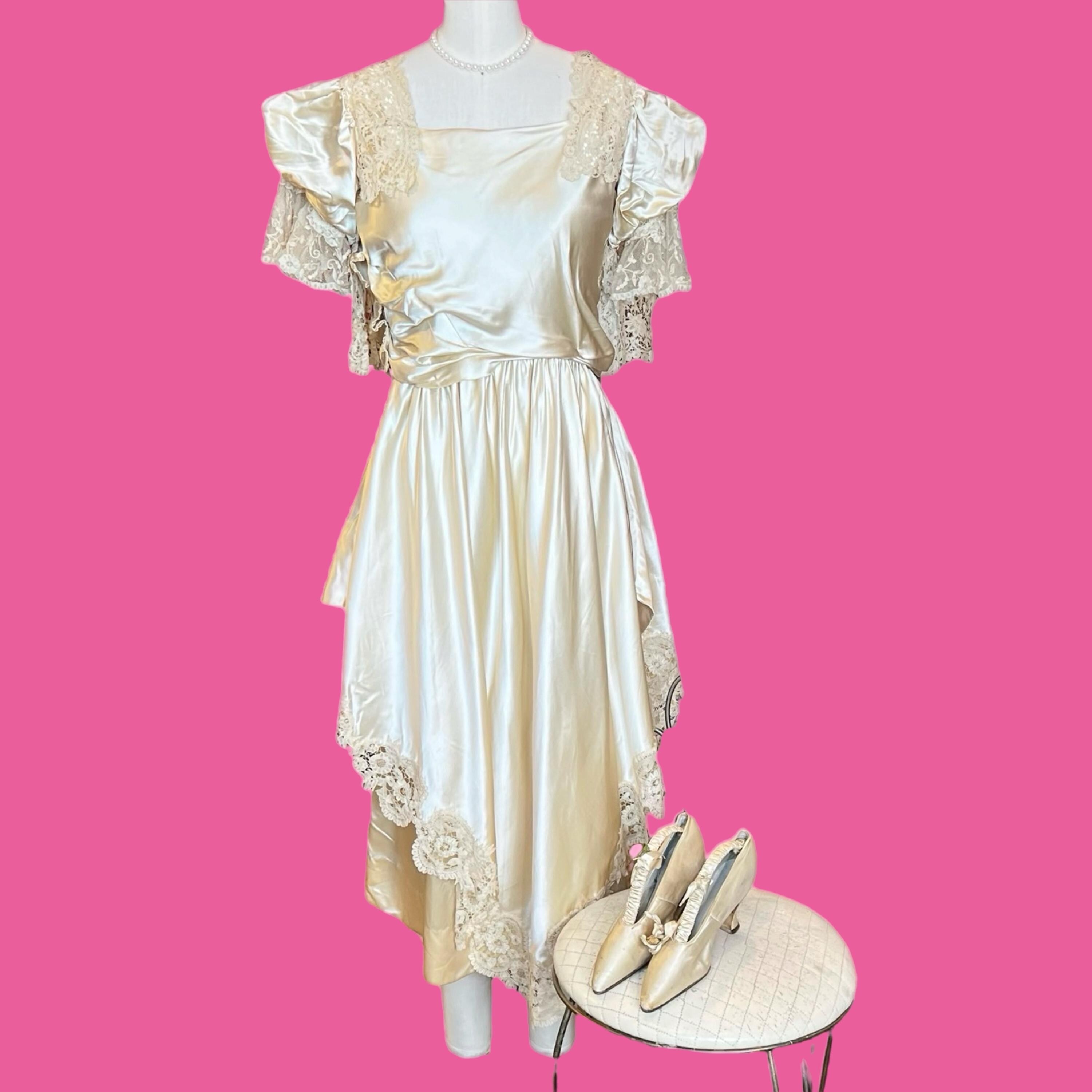 Antique Vintage 1920s Silk Satin Ivory Draped Puff Sleeve Tiered Floral ...