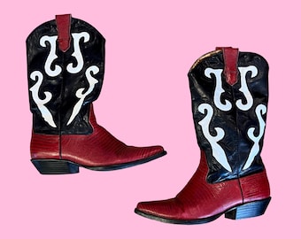 Vintage 1990 NINE WEST Bright Red Leather Filigree Faux Snake Skin Western Cowboy Boots