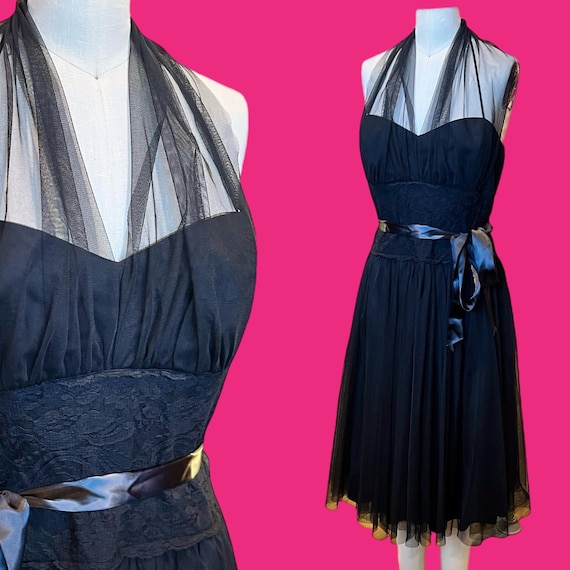 Vintage 1990s Frederick's of Hollywood Black Mesh Tulle Sheer Halter Sweetheart Formal Dress