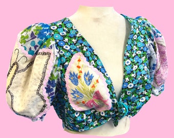 Handmade Vintage Floral Butterfly Embroidery Puff Sleeve Tye Top