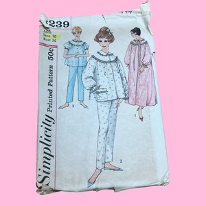 May include: Vintage Simplicity printed pattern for a Miss Size 16, Bust 36 pajama set and nightgown. The pattern envelope features illustrations of the pajama set in blue and white, and a pink nightgown with white polka dots.