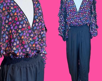 Vintage 1980s Plus Size Susan Tudor Heart Print Dotted Retro Neon Heart Ruffle Sleeve Maximalist Party Jumpsuit