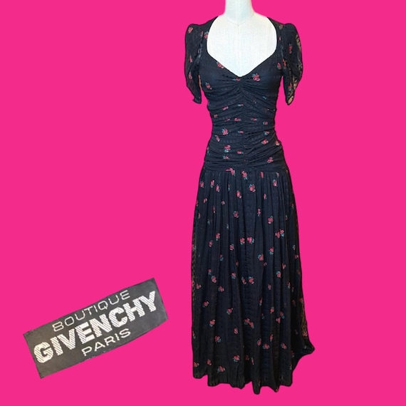 Givenchy, Vintage Late 1980s 1990s Boutique Givenchy Paris Black Floral Semi Sheer Silk Designer Rose Print Sheer Ruched Bodice Cocktail Maxi Dress