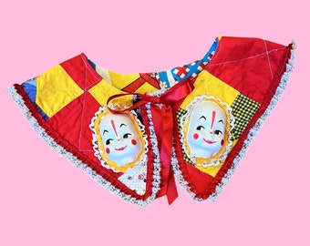 Handmade Vintage Upcycled 1950s 1960s Red Quilted Clown Doll Head Detachable Tie Collar