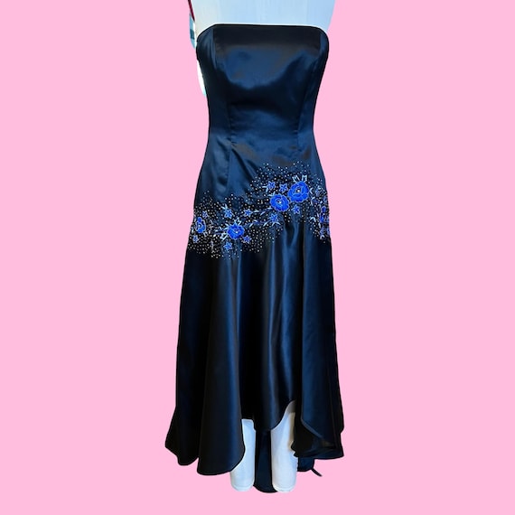 Vintage 1990s Y2K Black Satin Cobalt Blue Floral Embroidered Black Beaded  Strapless High Low Formal Prom Dress - Etsy