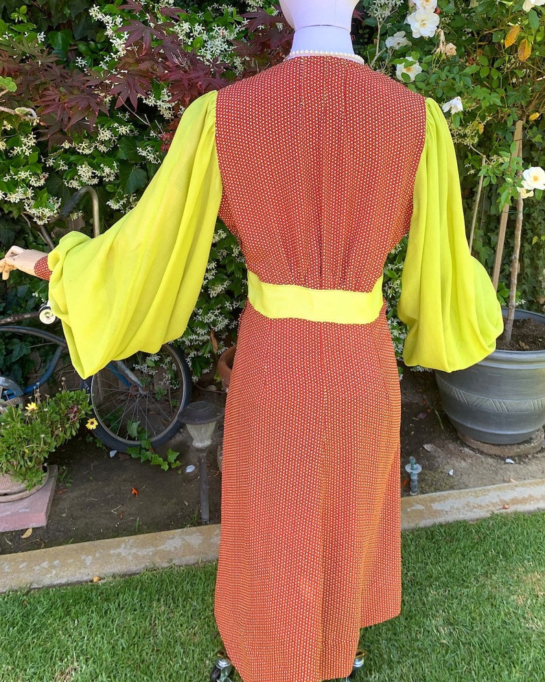 1940s Red Rayon Lime Giant Bishop Balloon Sleeve REPRO Dress image 3