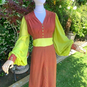 1940s Red Rayon Lime Giant Bishop Balloon Sleeve REPRO Dress image 2