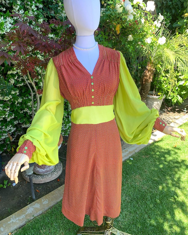 1940s Red Rayon Lime Giant Bishop Balloon Sleeve REPRO Dress image 2