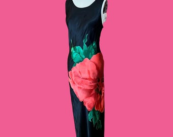 Vintage 1990s Black Slinky Red Rose Rayon Bias Cut Sleeveless Maxi Dress