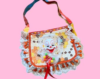Handmade Vintage Upcycled 1970s Faux Patchwork Clown Doll Face Ruffle Circus Kawaii Rainbow Dyed Crossbody Messenger Bag Purse